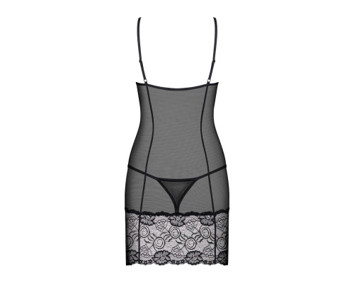 Сорочка Obsessive Alluria chemise & thong, L/XL, чорна, мереживо+мікросітка, стрінги в комплекті