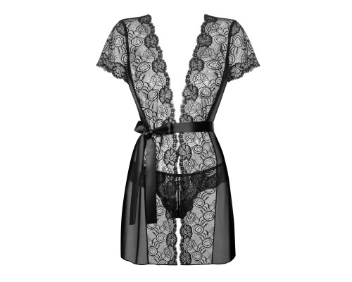Пеньюар Obsessive Alluria peignoir & thong, L/XL, прозорий, з мереживом, пояс, трусики в комплекті