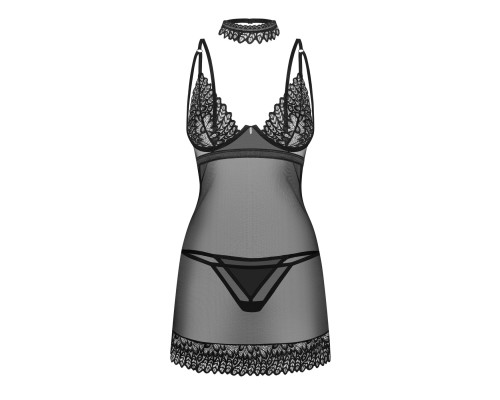 Сорочка Obsessive Donarella chemise & thong, M/L, мереживний ліф, чокер та стрінги в комплекті