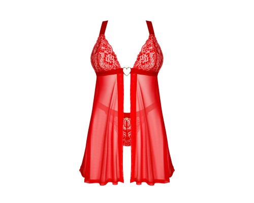 Бебі-дол Obsessive Elianes babydoll & thong, M/L, червоний, мереживний ліф, трусики-танга в наборі