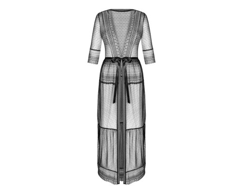 Пеньюар Obsessive Estiqua peignoir, M/L, чорний, прозорий, на поясі, довжина до щиколоток
