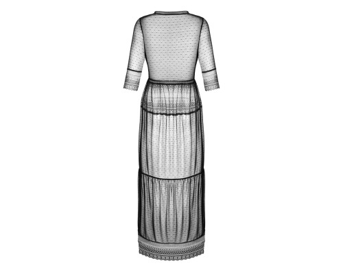Пеньюар Obsessive Estiqua peignoir, M/L, чорний, прозорий, на поясі, довжина до щиколоток