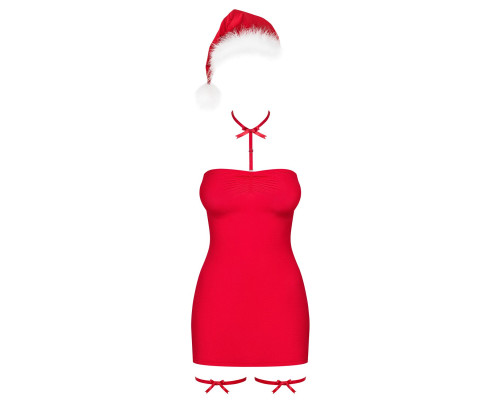 Новорічна сорочка Obsessive Kissmas chemise, S/M, червона, чокер, гартери та шапочка з помпоном