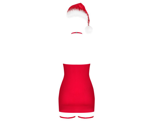 Новорічна сорочка Obsessive Kissmas chemise, S/M, червона, чокер, гартери та шапочка з помпоном