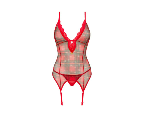Корсет Obsessive Jollymore corset, XS/S, у клітинку, з мереживом, пажі для панчіх, стрінги в комплекті