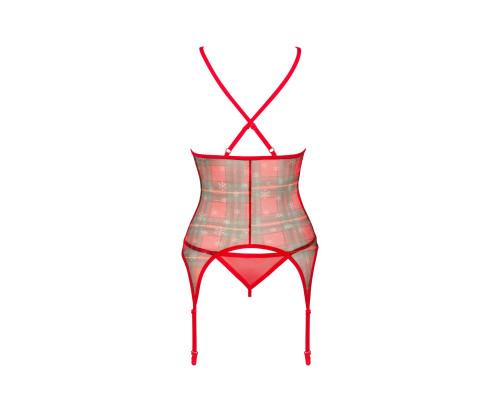 Корсет Obsessive Jollymore corset, M/L, у клітинку, з мереживом, пажі для панчіх, стрінги в комплекті