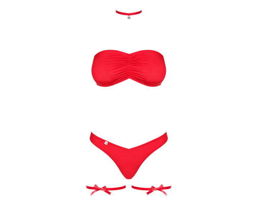 Комплект Obsessive Kissmas Set, L/XL, червоний, м’який ліф, трусики зі збіркою, чокер та гартери