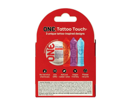 Презервативы ONE Tattoo Touch 3 шт, картонная коробка (мятая упаковка!!!)