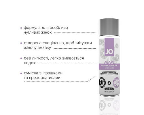 Змазка на водній основі JO AGAPE — ORIGINAL (60 мл) без гліцерину, гліколю та парабенів