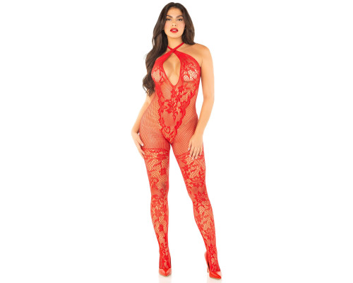 Бодістокінг з глибоким декольте Leg Avenue Seamless Net and Lace Lingerie Jumpsuit One Size, Red