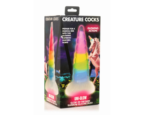 Фентезійний фалоімітатор Creature Cocks Luminescent Rainbow Silicone Dildo, світиться в темряві, 19,6 см