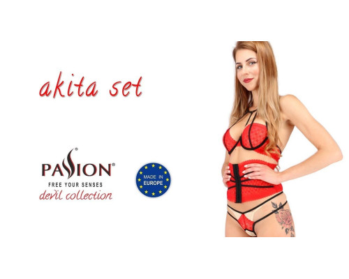 Комплект белья AKITA SET red L/XL - Passion Exclusive: широкий пояс, лиф, стринги