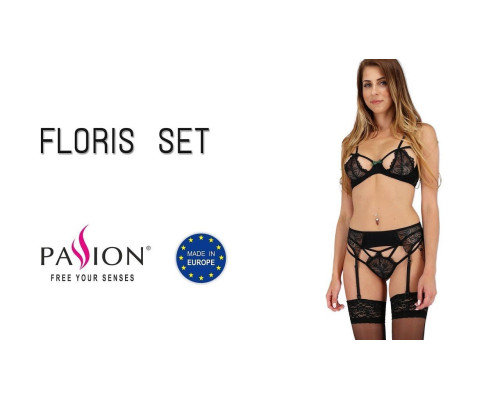 Комплект білизни Passion Exclusive FLORIS SET XXL/XXXL, black, ліф, трусики, пояс для панчох