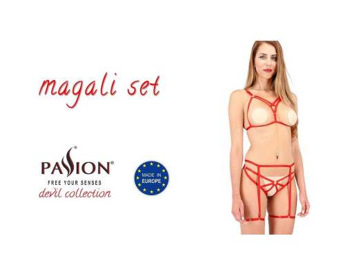 Комплект білизни Passion Exclusive MAGALI SET OpenBra XXL/XXXL, red, стрепи, ліф, трусики і пояс