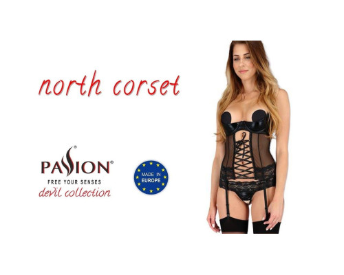 Корсет з відкритими грудьми Passion Exclusive NORTH CORSET S/M, black, пажі, трусики, шнурівка
