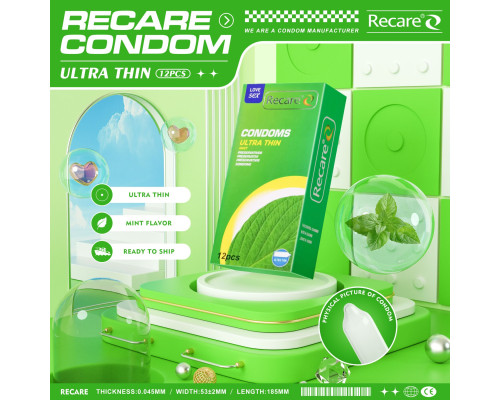 Презервативи Ultra Thin Mint Condoms Recare 12 шт, ультратонкі, аромат: м'ята