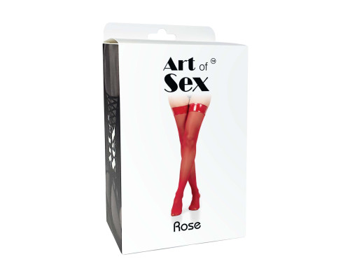 Панчохи в дрібну сітку з лакованою коронкою Art of Sex - Rose, колір чорний з ефектом голограми, М