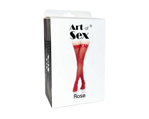 Панчохи в дрібну сітку з лакованою коронкою Art of Sex - Rose, колір червоний, L