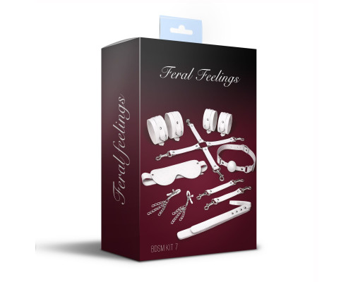 Набір Feral Feelings BDSM Kit 7 White, наручники, поножі, конектор, маска, падл, кляп, затискачі