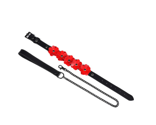 Нашийник з повідцем Liebe Seele Flower Rhythm - Black and Red Leather Flowers collar with Leash