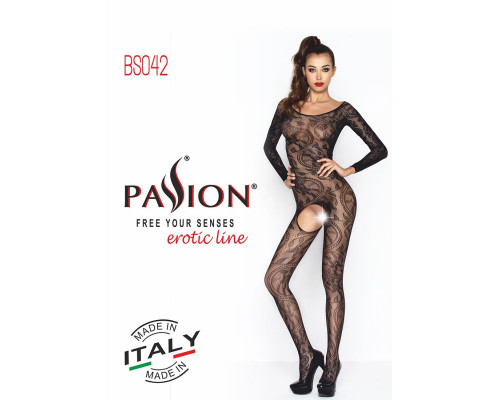 Бодістокінг Passion BS042 black, комбінезон, довгий рукав, закрите плече