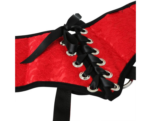 Трусы для страпона Sportsheets - SizePlus Red Lace Satin Corsette, с корсетной утяжкой, ульракомфорт