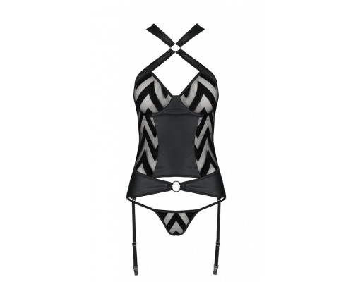 Сітчастий комплект із візерунком, корсет, підв'язки, трусики Passion HIMA CORSET XXL/XXXL black