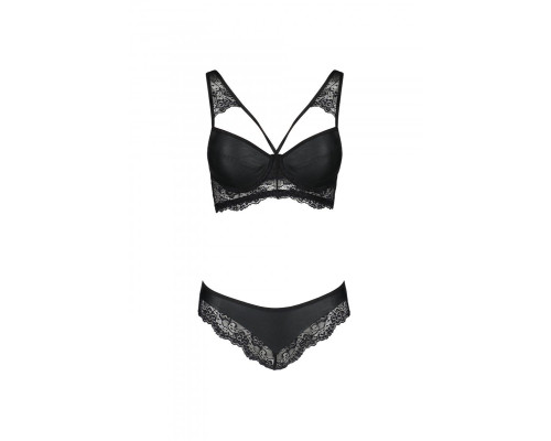 Комплект з еко-шкіри та мережива Passion LOONA SET XXL/XXXL, black, бра і трусики