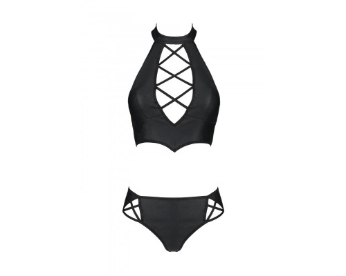 Комплект з еко-шкіри Passion NANCY BIKINI S/M, black, бра та трусики з імітацією шнурівки