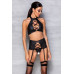 Комплект з еко-шкіри з імітацією шнурівки Passion NANCY SET L/XL black топ, трусики, пояс для панчіх