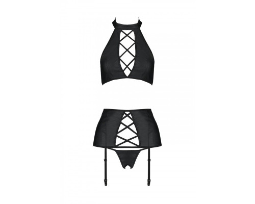 Комплект з еко-шкіри з імітацією шнурівки Passion NANCY SET L/XL black топ, трусики, пояс для панчіх