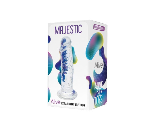 Прозорий фалоімітатор Alive Jelly Dildo Majestic, TPE, присоска, діаметр 3,7 см, довжина 14,7 см