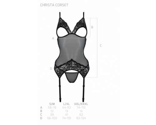 Корсет із підв’язками та ажурним ліфом Passion CHRISTA CORSET L/XL, black, стрінги в комплекті
