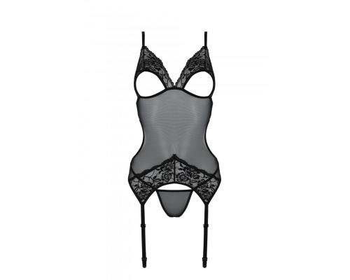 Корсет із підв’язками та ажурним ліфом Passion CHRISTA CORSET S/M, black, стрінги в комплекті