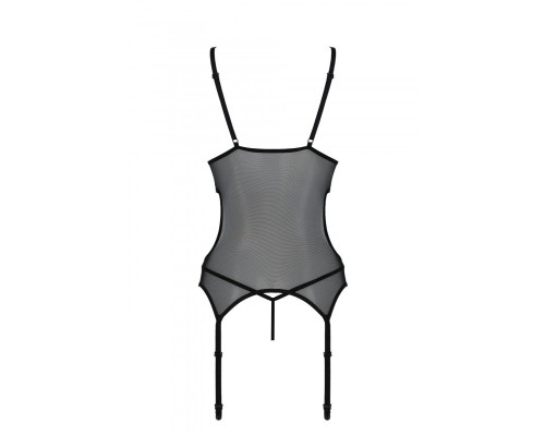 Корсет із підв’язками та ажурним ліфом Passion CHRISTA CORSET XXL/XXXL, black, стрінги в комплекті