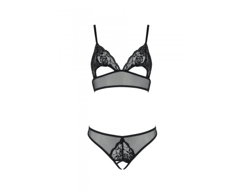Комплект із бралету з ажурним ліфом та відкритими трусиками Passion CHRISTA SET Open Bra S/M black