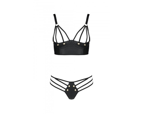 Комплект з екошкіри з люверсами та ремінцями Passion MALWIA BIKINI L/XL, black, бра та трусики