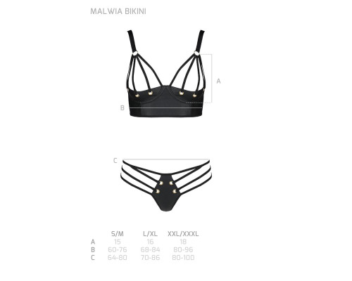 Комплект з екошкіри з люверсами та ремінцями Passion MALWIA BIKINI S/M, black, бра та трусики