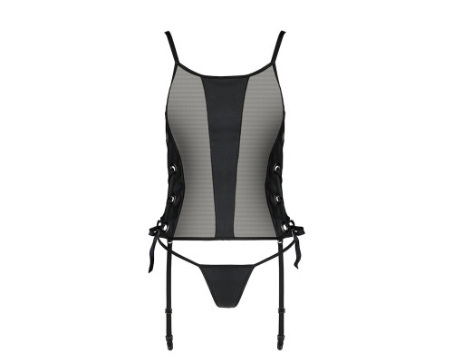 Сітчастий корсет з люверсами та знімними пажами Passion MALWIA CORSET L/XL black, екошкіра, стрінги