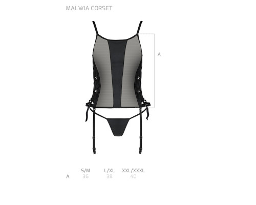Сітчастий корсет з люверсами та знімними пажами Passion MALWIA CORSET L/XL black, екошкіра, стрінги