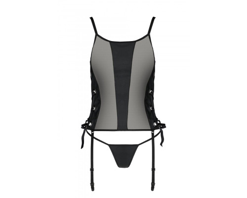 Сітчастий корсет з люверсами та знімними пажами Passion MALWIA CORSET S/M, black, екошкіра, стрінги