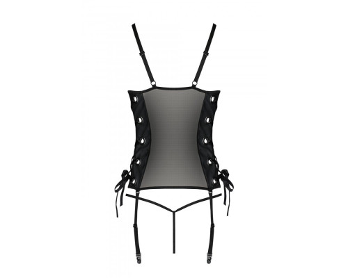 Сітчастий корсет з люверсами та знімними пажами Passion MALWIA CORSET S/M, black, екошкіра, стрінги