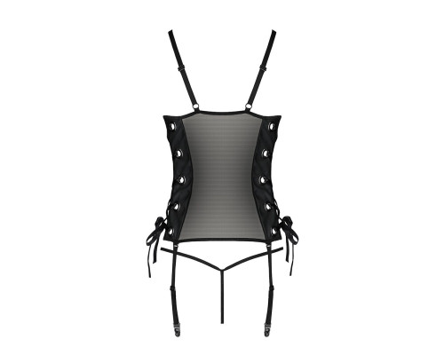 Сітчастий корсет з люверсами та знімними пажами Passion MALWIA CORSET S/M, black, екошкіра, стрінги