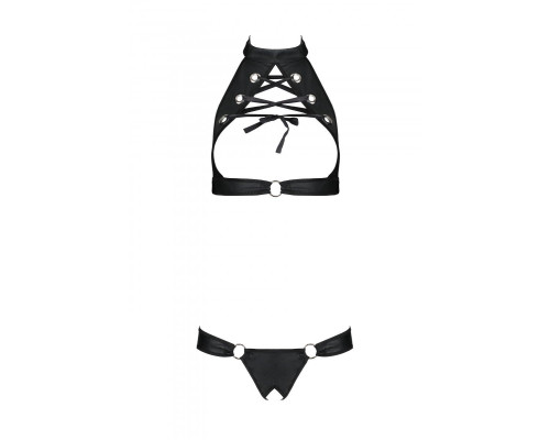 Комплект відкритий топ та трусики з екошкіри з люверсами Passion MALWIA SET with Open Bra L/XL black