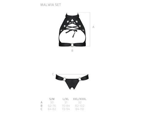 Комплект, відкритий топ та трусики з екошкіри з люверсами Passion MALWIA SET with Open Bra S/M black