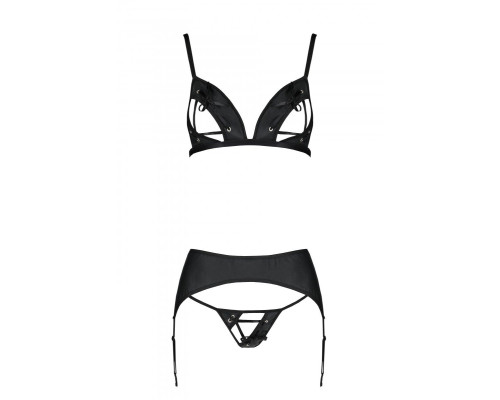 Комплект з екошкіри Passion MILEY SET L/XL, black, трусики, бюстгальтер, пояс для панчіх