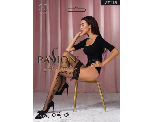 Панчохи Passion ST118 3/4 black, на ажурній силіконовій резинці, з бічним вертикальним малюнком