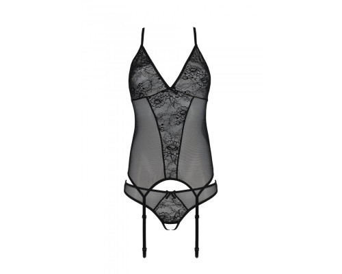 Корсет із пажами, трусики з ажурним декором та відкритим кроком Passion URSULA CORSET L/XL, black