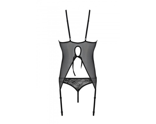 Корсет із пажами, трусики з ажурним декором та відкритим кроком Passion URSULA CORSET L/XL, black