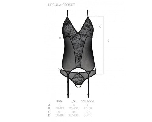 Корсет із пажами, трусики з ажурним декором та відкритим кроком Passion URSULA CORSET L/XL, black